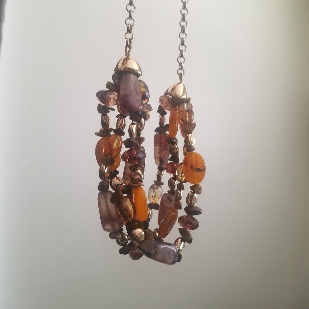 Multi-Strand Stone Plastic Beaded Necklace Tiger’s Eye Gold Tone